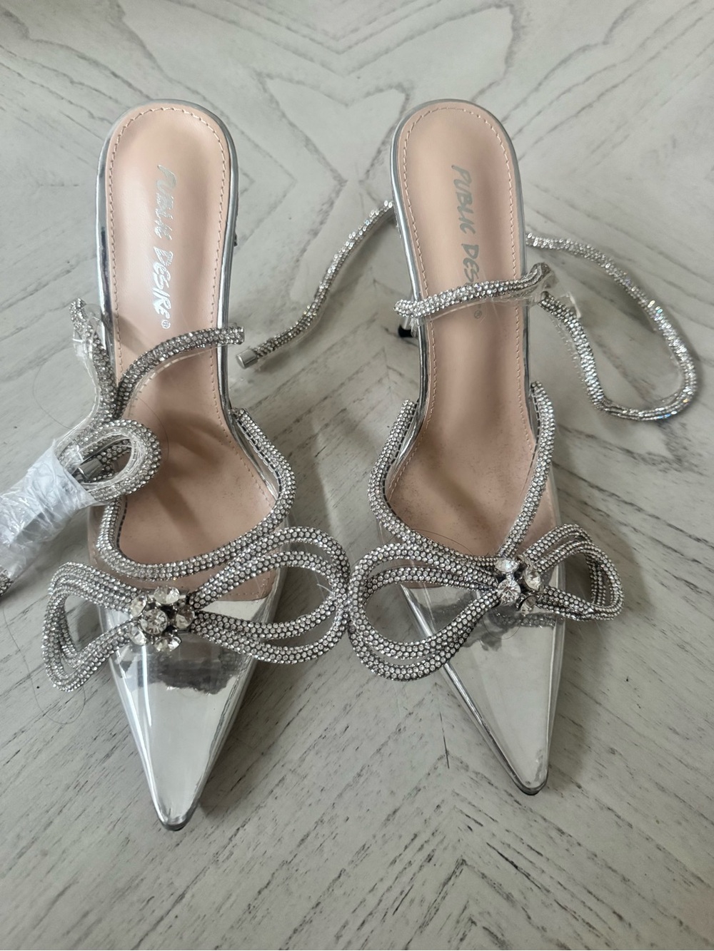Public Desire Silver Crystal Bow Pointed Slingback Heels